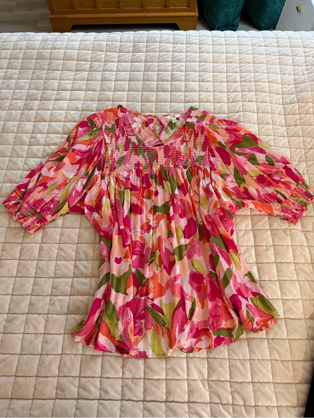 Terra & Sky Floral Pink & Green Smocked Peasant Top